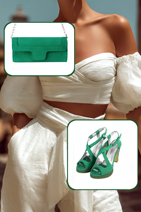 Women's emerald green elegant cross straps sandals. Round toe. High slim heel with a platform at the front - Worn view
